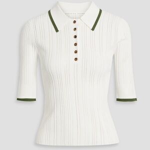 Veronica Beard White and Green Polo Collar Knit Top